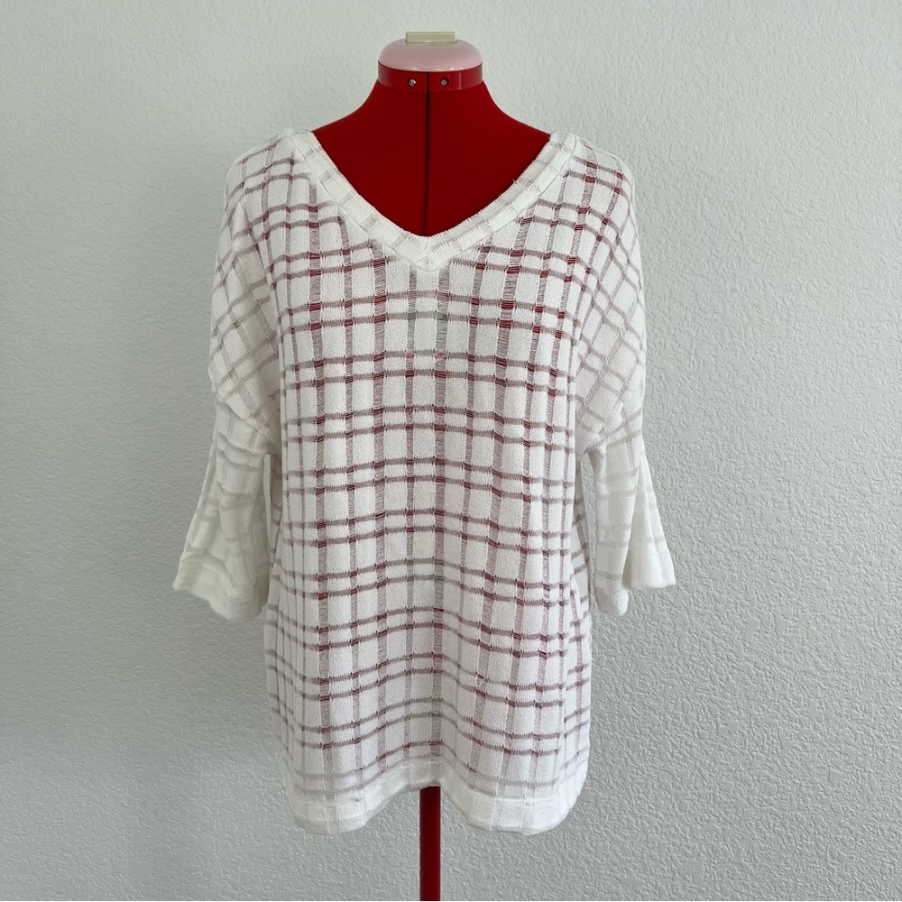 Zara Collection Woman Basic White Knit Top Sheer Plaid Half Sleeves Size Small
